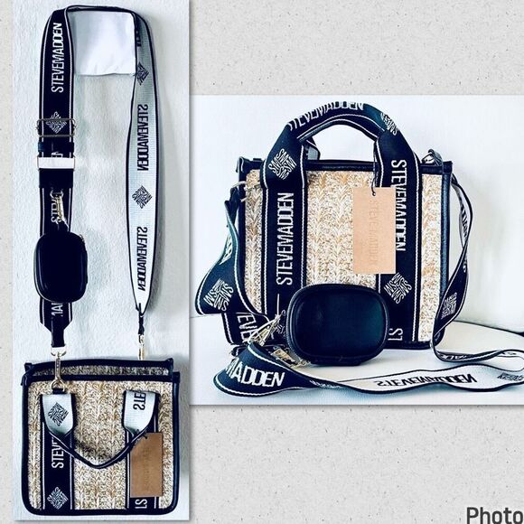 NWT Steve Madden Gorgeous BWEBBER Black Tan Straw Wicker Crossbody bag & Pouch - Picture 1 of 16